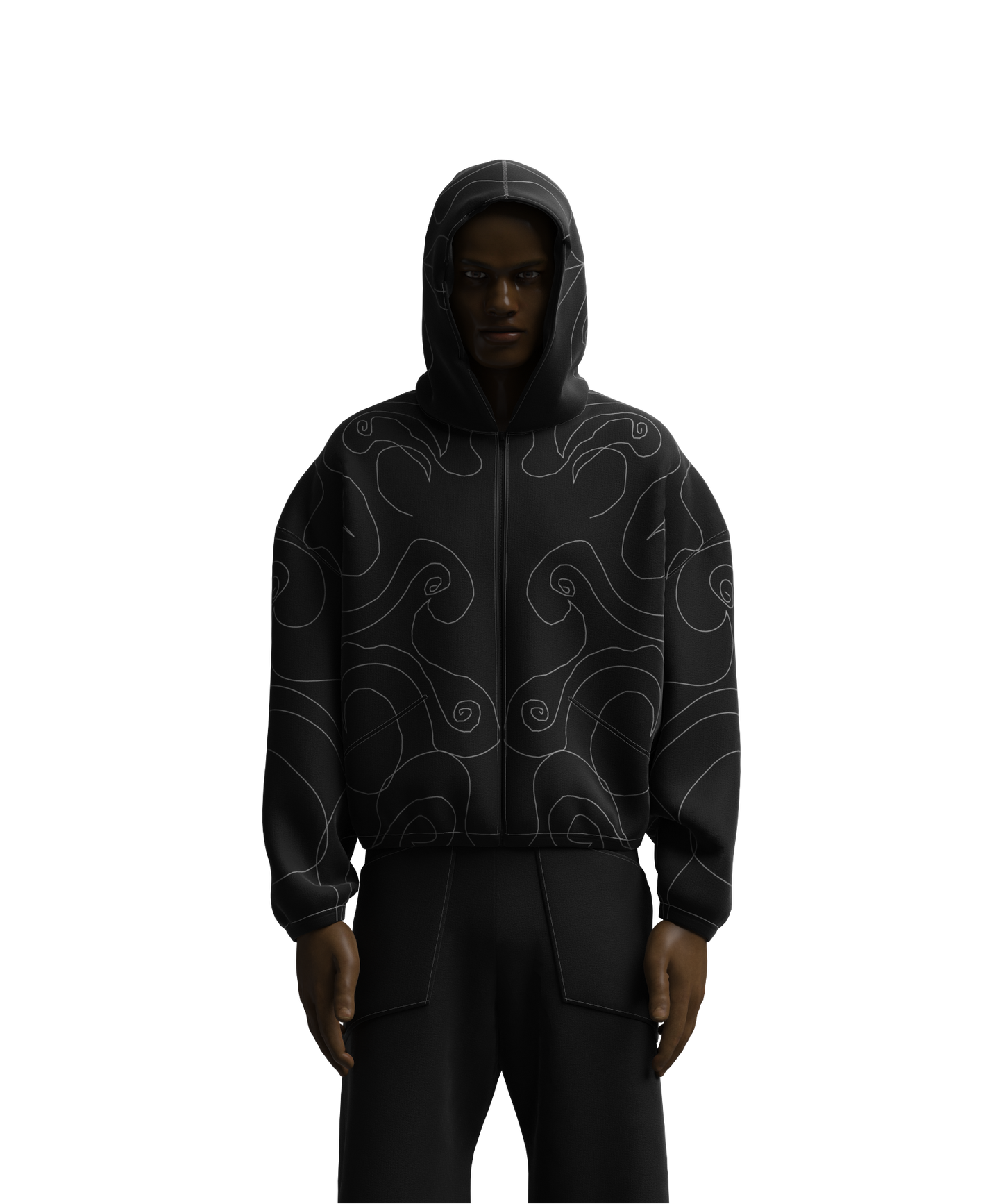 Black hoodie with abstract patterns on a white background