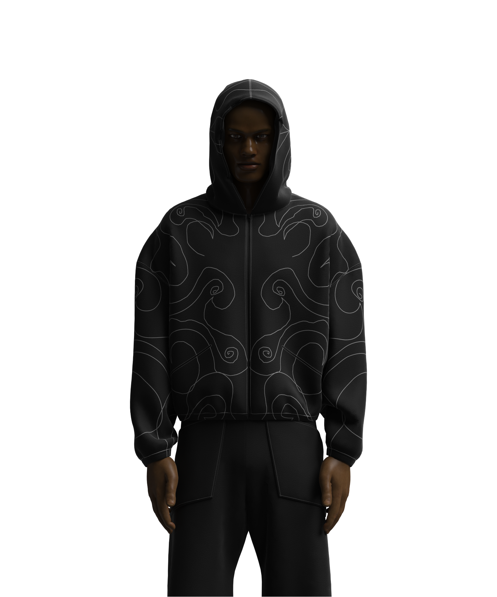 Black hoodie with abstract patterns on a white background